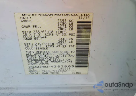 2015 Nissan Murano S z USA, uszkodzony, nr VIN 5N1AZ2MH2FN282963